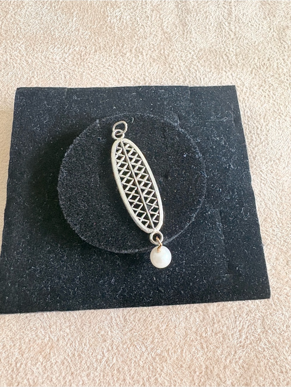 Sterling Silver Filigree Oval Pendant with White Pearl Drop